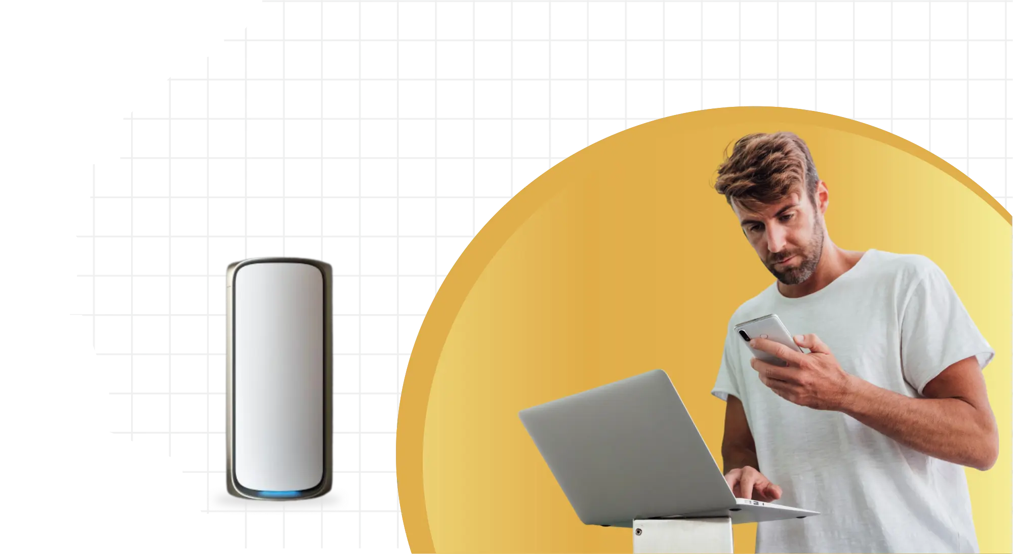 Person with orbi router providing support